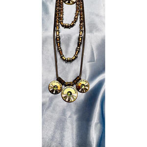 Lucky Brand Two Tone Multiple Chains  Brass Pendants with Abalone Inlay Necklace